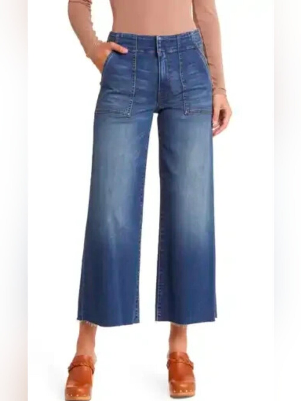 Kut From The Kloth Meg Fab Ab Wide Leg Frayed Hems Medium Wash Jean Sz 8